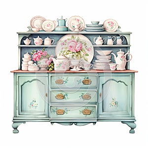 Romantic Floral Motif Blue Dresser With Highly Detailed Illustrations