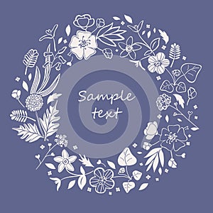 Romantic floral round frame with cute hand drawn flowers. Beautiful light coloured wreath on dark background