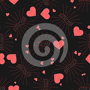 Romantic floral seamless pattern on a black background. Valentine day vector pattern with I love you text and hearts