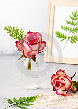 Romantic flower arrangement with red roses and green fern leaves in glass vase. Floral still life in vintage style.