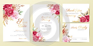 Romantic flowers wedding invitation cards template set. Watercolor flowers decoration Save the Date, Invitation, Greeting, Thank