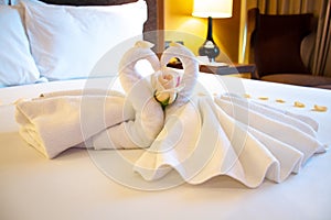 Romantic folded swans in a honeymoon suite