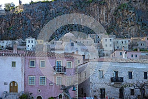 Romantic fortified greek village on rock island Monemvasia at sunset