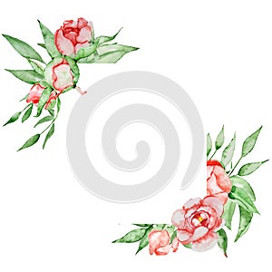 Romantic frame with flowers Card template. Watercolor peonies with green leaves on the white background. Hand drawn illustration.