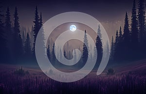 Romantic full moon over conifer forest and violet field in summer, AI generated