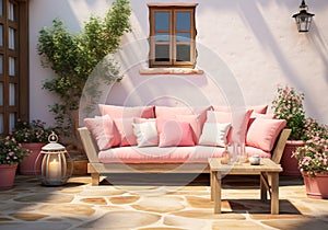 Romantic garden lounge to relax, read or be with friends. Contemporary furniture with flowers and vegetation. AI generative