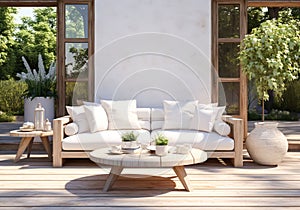 Romantic garden lounge to relax, read or be with friends. Contemporary furniture with flowers and vegetation. AI generative