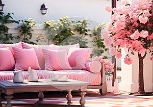 Romantic garden lounge to relax, read or be with friends. Contemporary furniture with flowers and vegetation. AI generative