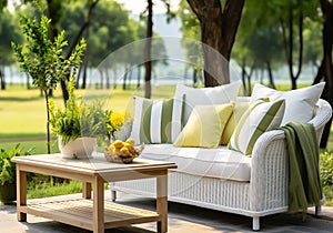 Romantic garden lounge to relax, read or be with friends. Contemporary furniture with flowers and vegetation. AI generative