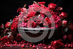A romantic garden scene with a fountain encircled by vibrant red roses, valentine, dating and love proposal image