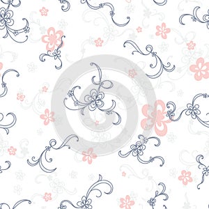 Romantic garden seamless pattern background with swirls and flowers - handdrawn floral doodles - great for valentines or mothers