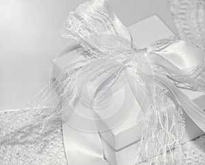 Romantic Gift Box with Bow. Monochrome. Closeup.