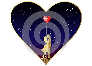 Romantic gold silhouette of loving couple in starry universe background. Valentines Day 14 February. Happy Lovers.