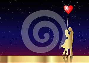 Romantic gold silhouette of loving couple Valentines Day 14 February. Happy Lovers Vector illustration isolated or starry universe