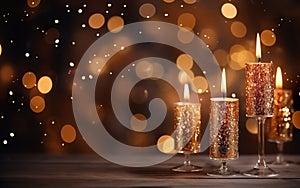 Romantic golden candle in candlesticks on wooden table with blurred sparkling bokeh background.