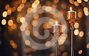 Romantic golden candle in vintage candlesticks over blurred sparkling bokeh background. Christmas lights.