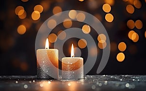 Romantic golden candles on table with blurred sparkling bokeh background.