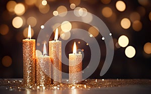 Romantic golden candles on table with blurred sparkling bokeh background.