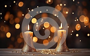 Romantic golden candles on table with glitter. Blurred sparkling bokeh background.