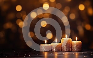 Romantic golden candles on wooden table with blurred sparkling bokeh background. Christmas lights.