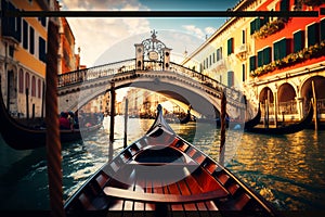 Romantic gondola ride near Rialto Bridge in Venice