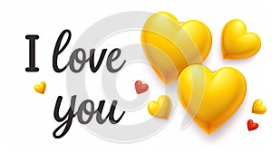 Romantic greeting card design with text i love you and heart symbols on white background