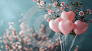 romantic greeting card, heart-shaped balloons and a bouquet of flowers on the greeting card, a romantic template with a