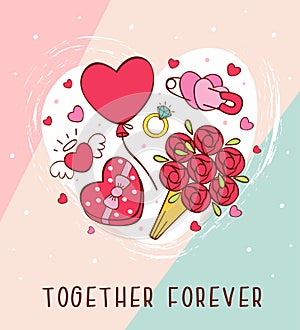 Romantic greeting card with love icons for Valentines day