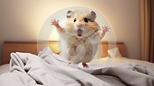 Romantic Hamster Jumping On Bed Sheets photo