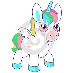 Romantic Hand Drawing Illustration For Children. Animals And Mythical Creatures. Cute Little Magic Unicorn.