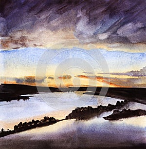 Romantic hand drawn watercolor landscape. Bank of mountain lake with glass calm surface and dark outlines of range