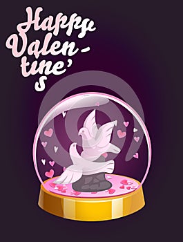 Romantic Happy Valentines Day card. Magic crystal ball with two doves and small pink hearts inside. Vector illustration.