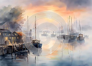 Romantic harbor painting