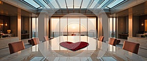 Romantic Heart Shape Made Of Rose Petals On A Marble Table At Sunset In A Modern Interior Space