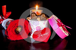 Romantic Heart Shaped Chocolate Love with candle and red rose Valentines Day