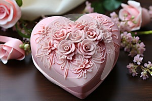 Romantic heart-shaped valentines day cake with pink rose decoration for romantic celebration