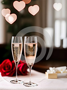 Romantic hearts champagne roses highly detailed cozy.