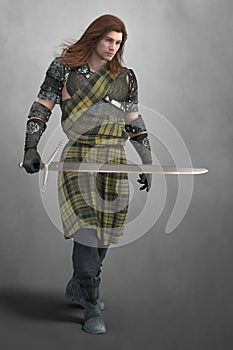 Romantic Highlander man walking with a Claymore Sword. photo