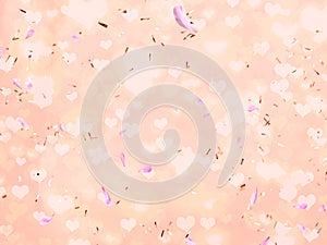 Romantic holiday blur background with golden elements ,flying hearts , petal copy space pink pastel  yellow light colored banner f