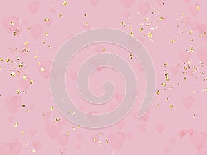 Romantic holiday blur background with golden elements ,flying hearts , petal copy space pink pastel  yellow light colored banner f