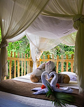 Romantic honeymoon bed perched on a jungle tree