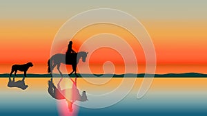 Romantic horse background - sunset silhouettes on the beach