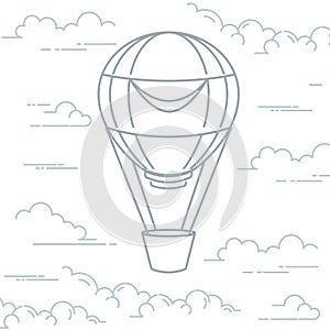 Romantic hot air balloon in clouds - airship in line art