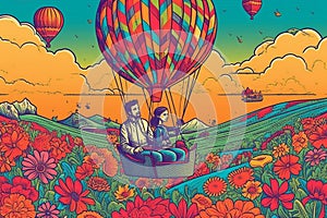 Romantic Hot Air Balloon Ride Above Colorful Flowers