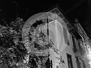 Romantic houses, esoterism and magic in Turin city, Italy. Black and white photo