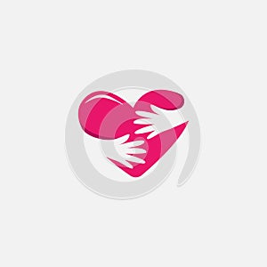 Romantic hug a heart logo icon vector template, with negative space hand