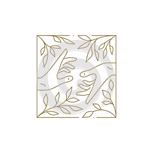 Romantic human hands at square botanical nature flower border golden line art deco icon vector