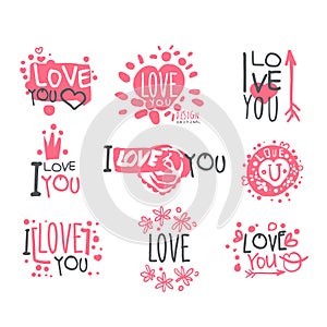 Romantic I Love You Message For St Valentines Day Postcard, Colorful Graphic Design Template Logo Set, Hand Drawn Vector