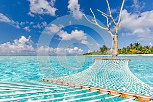 Tropical beach background as summer landscape with beach swing or hammock and white sand and calm sea for beach banner photo