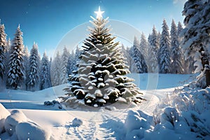 Romantic illustration of Christmas tree covered withs snow in winter nature
